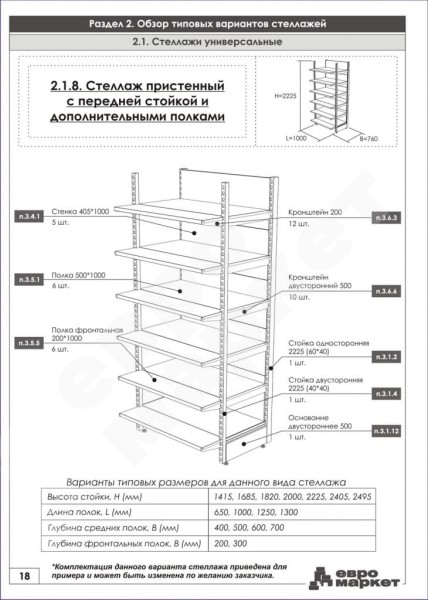 Стеллаж пристенный с передней стойкой