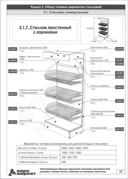 Стеллаж с сетчатыми корзинами без фриза