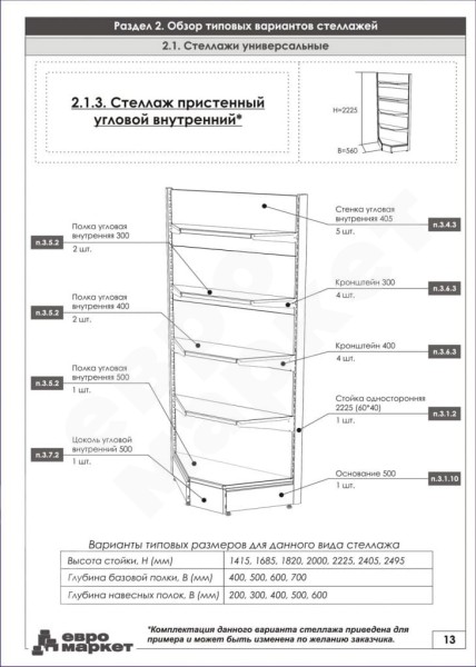Стеллаж угловой внутренний