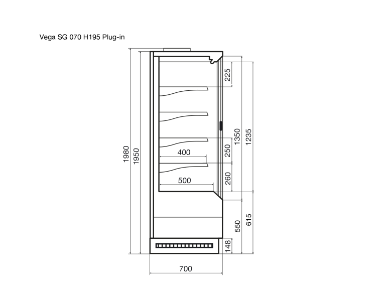 Vega SG 070 H195 Plug-in Среднетемпературный охлаждаемый стеллаж со встроенным агрегатом и энергосберегающими дверями SG (одинарное стекло)