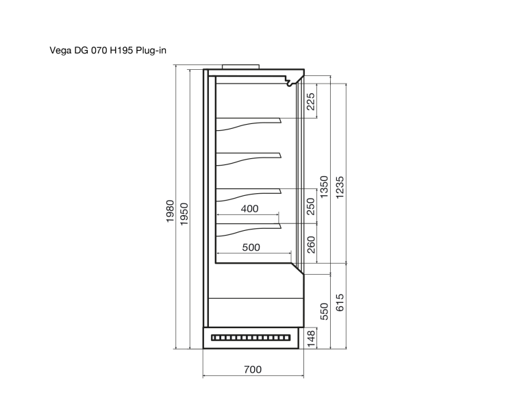 Vega DG 070 H195 Plug-in Среднетемпературный охлаждаемый стеллаж со встроенным агрегатом и  энергосберегающими дверями DG (стеклопакет)