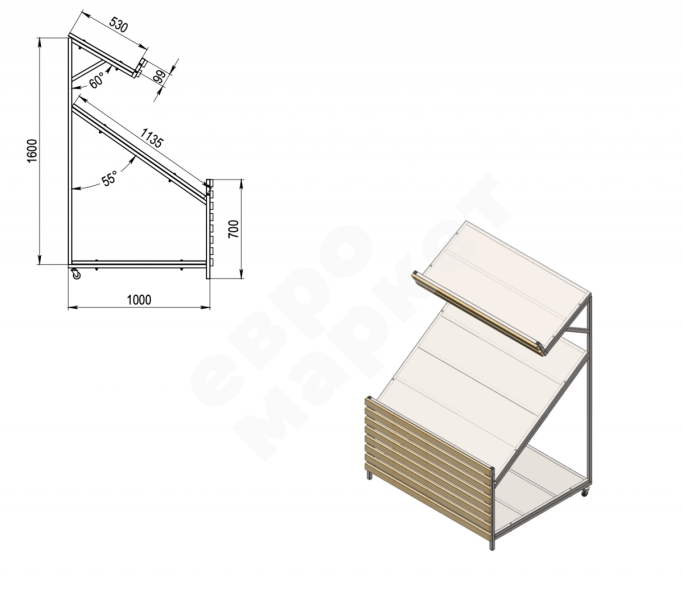 Овощной стеллаж - развал с  деревянным заграждением