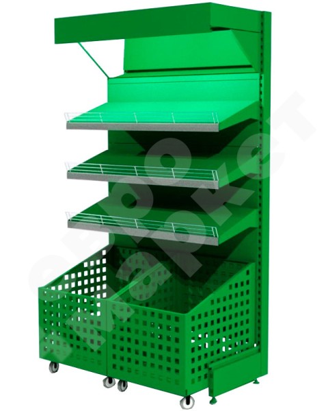 Стеллаж овощной с выкатными ящиками и зеркальным фризом с подсветкой