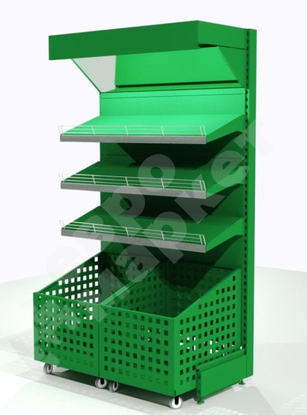 Стеллаж овощной с выкатными ящиками и зеркальным фризом с подсветкой