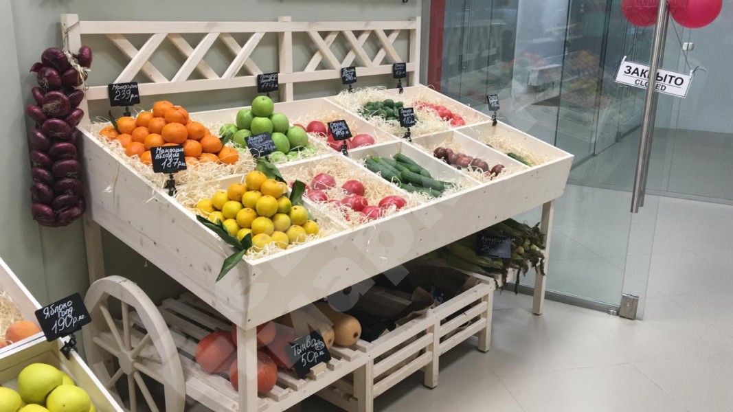 Арт. F006М. Деревянный развал для овощей и фруктов с ящиками в виде телеги EM-02.106.001 СБ