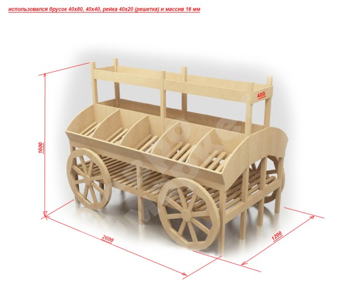 Арт. F011. Развал для овощей и фруктов островной большой в виде телеги EM-02.111.000 СБ