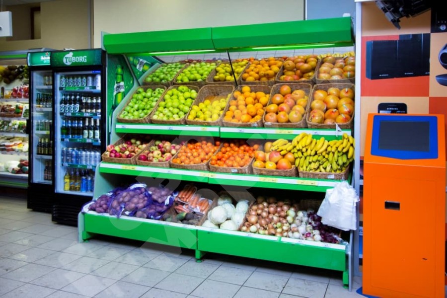 Овощной стеллаж с боковинами ЛДСП, зеркальным фризом с подсветкой